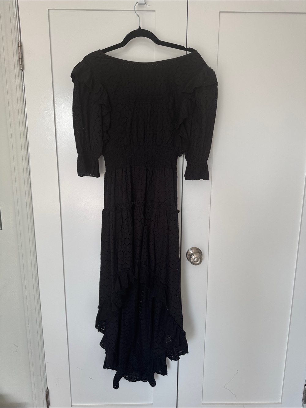 Black Ruffle Midi Dress  from MISA Los Angelos - Elegant Eyelet Design high low